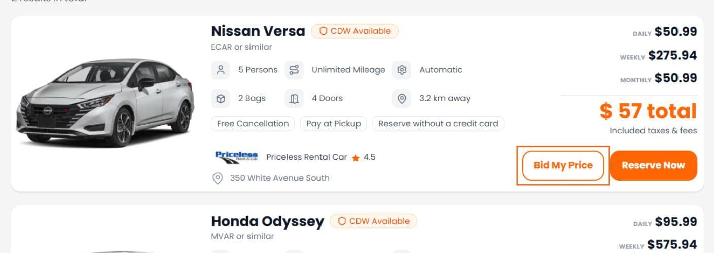 Online rental car bidding process with price comparison