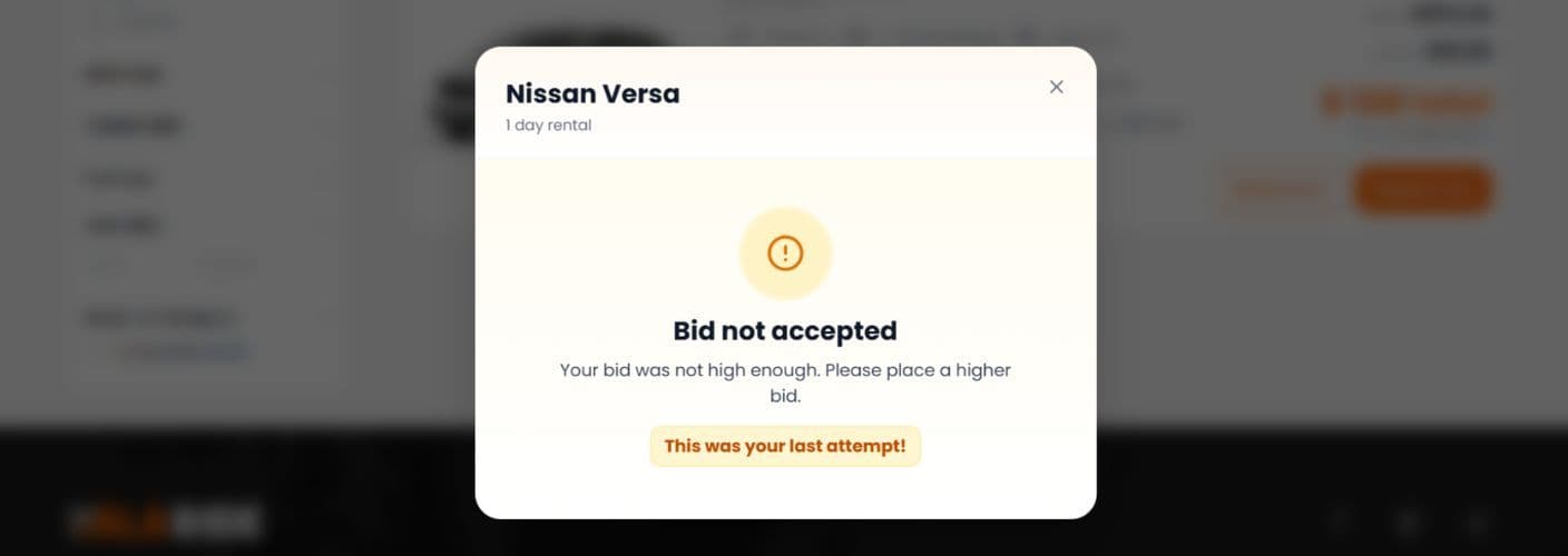 rental car booking platform showing bid submission